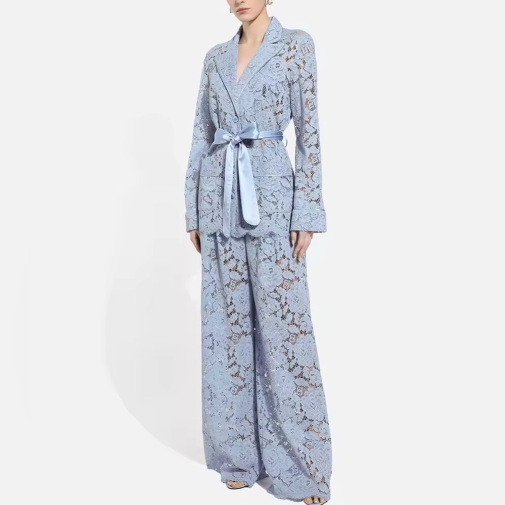 NEW $198 Lacey Nash Feminine Lace Blue Pantsuit